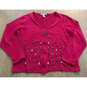 Carly St. Claire Women's Large Pink Beaded Sequin Zip Front Cardigan Sweater